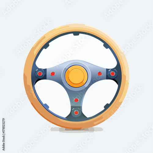 Illustration of a cartoon steering wheel with a wooden rim and metallic center.
