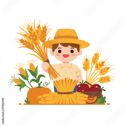 Happy Farmer Holding Wheat Stalks Surrounded by Harvested Crops.