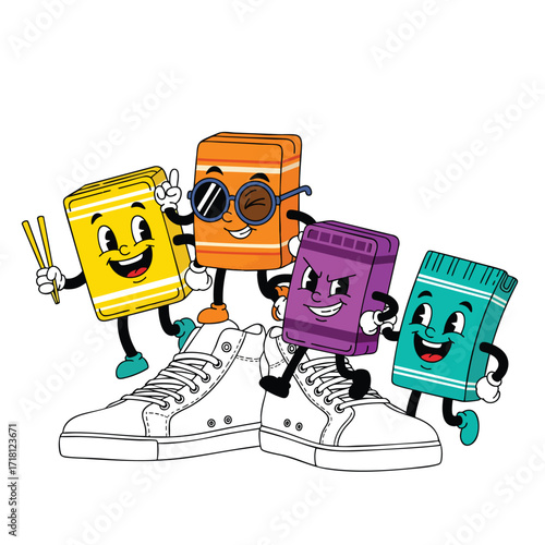 A group of colorful cartoon block characters with expressive faces playing around a pair of white hightop sneakers.