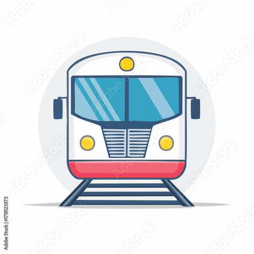Front view of a modern white and red train with blue windows on a railway track.