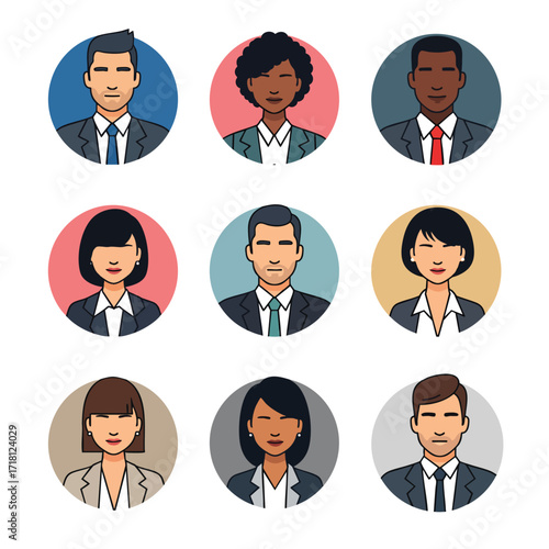 A set of diverse business people avatars in circular icons The collection features men and women with different ethnicities in a flat vector illustration style.