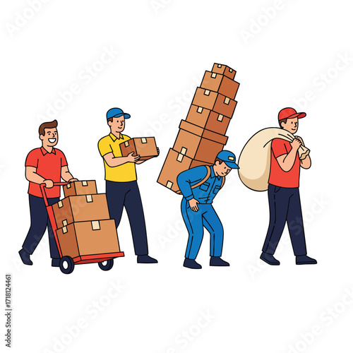 Cartoon illustration of a team of movers carrying heavy boxes sacks and using a hand truck.