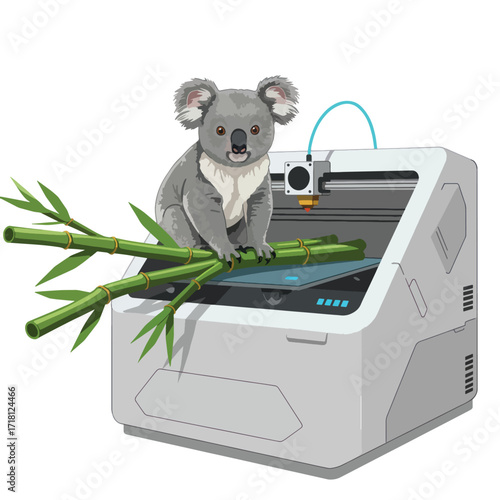 Cute Koala Sits on 3D Printer Holding Bamboo Branches.