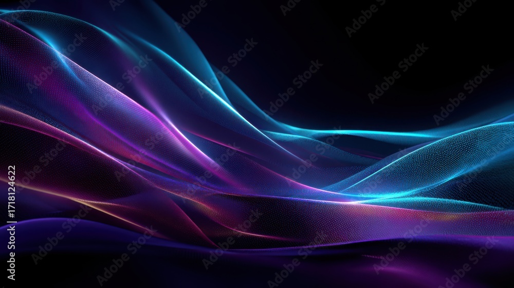 Fototapeta premium Abstract flowing waves of neon purple and electric blue light on a dark background