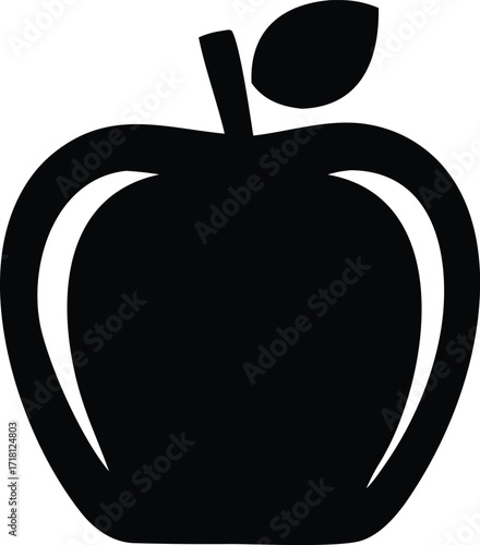 Simple black silhouette of an apple fruit with stem and leaf icon symbolizing healthy eating and freshness