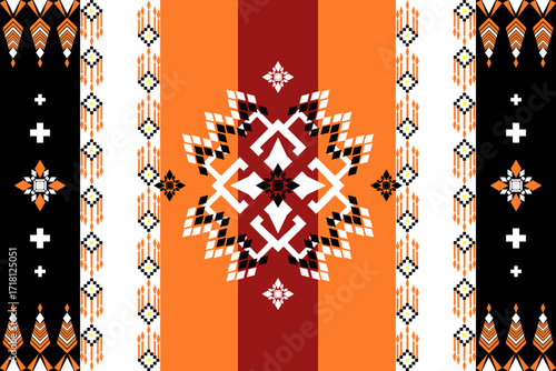 Ethnic art fabric design Continuing the local fabric pattern Ethnic design, flower geometric, used for weaving carpets, wallpaper, Orange, white clothes, embroidery, illustrations, cards, scrapbooks.	