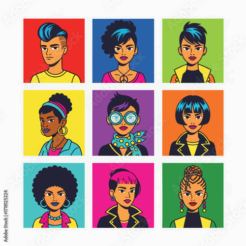 Collection of nine diverse character portraits in a vibrant pop art comic book style.