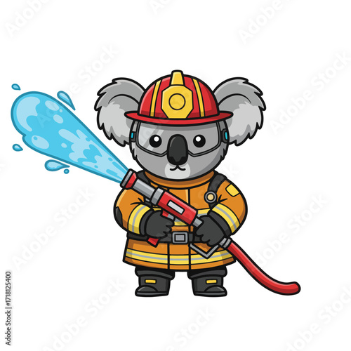 Cute Koala Firefighter Holding Water Hose Spraying Water.