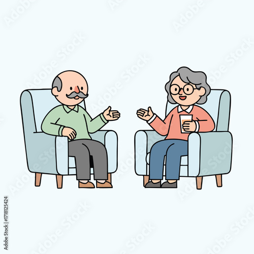 Cute cartoon illustration of a senior man and woman talking while seated in comfortable chairs.