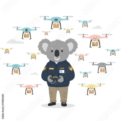 Cute Koala Character Operating Drones with Remote Control.