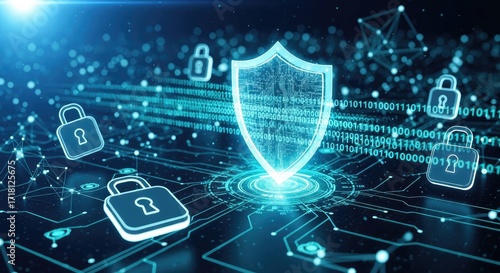 Cyber Security Shield with Padlocks and Binary Code in Blue Tones