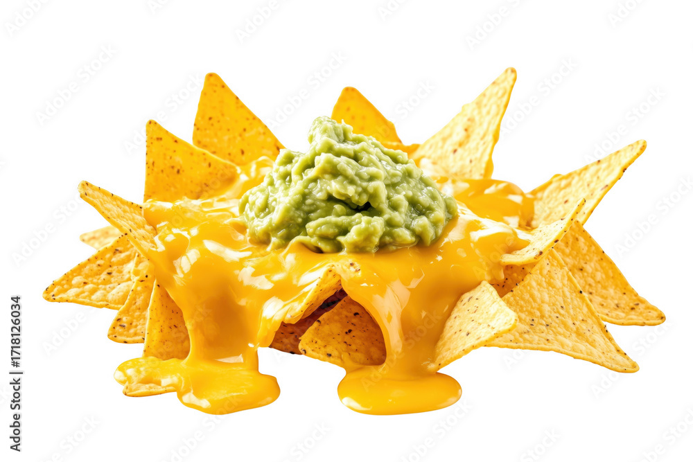 Fototapeta premium Delicious nachos with melted cheese and guacamole on a transparent background ready to eat