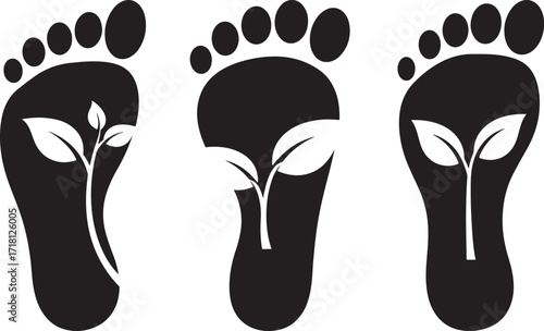 Three black footprint silhouettes with green leaves growing inside silhouette