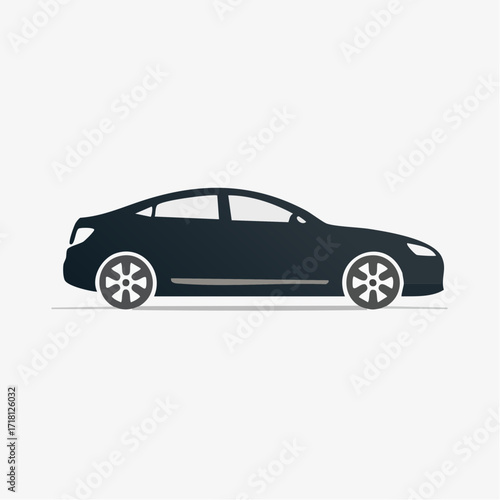 Side profile view of a modern dark gray sedan car, presented as a flat vector illustration.
