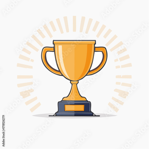 Illustration of a golden trophy cup with a dark blue base and radiating light, representing achievement.