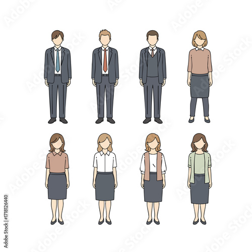 Set of eight illustrated business men and women characters in professional office clothing.