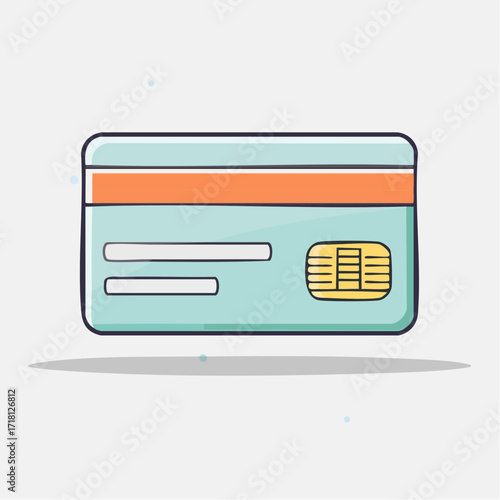 Cartoon illustration of a light blue credit card with an orange stripe and a gold chip, representing financial transactions.