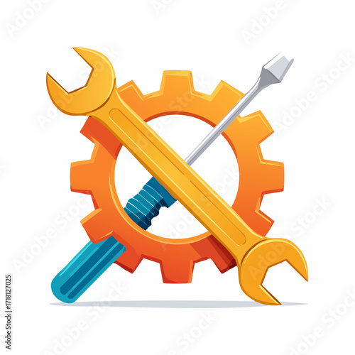 Orange gear with crossed wrench and screwdriver, representing maintenance or repair.