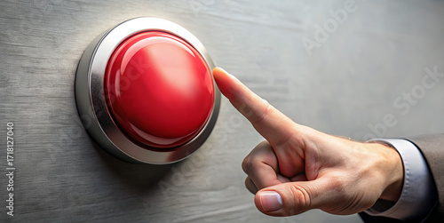 A hand with a pointed finger is just about to press a large red button mounted on a gray wall. The setting suggests anticipation or decision-making in an indoor environment