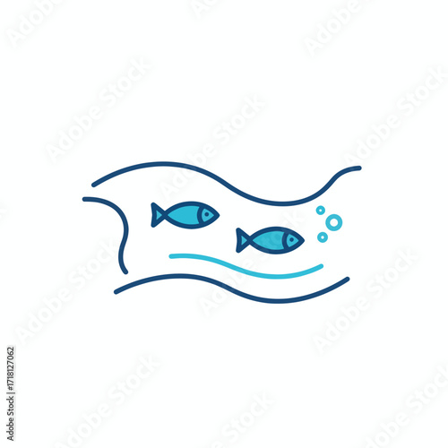 Two blue fish swimming in a stylized river with bubbles.
