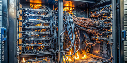 Flames erupt from a server rack filled with tangled wires due to an electrical issue. The scene shows a significant risk of fire in a technology environment