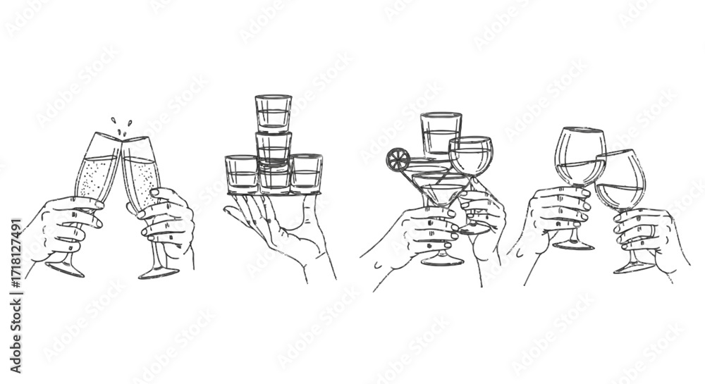 Obraz premium Hand drawn vector sketch illustration of a hands holding glass of drink, cheering and celebrating success