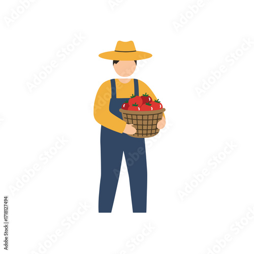 Farmer holding a basket full of fresh red tomatoes.