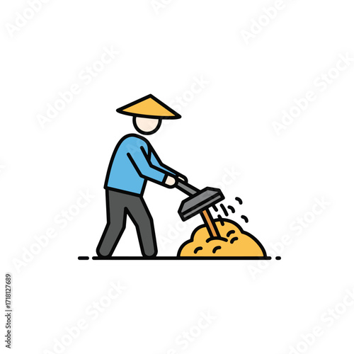 Farmer wearing a conical hat working with a shovel.