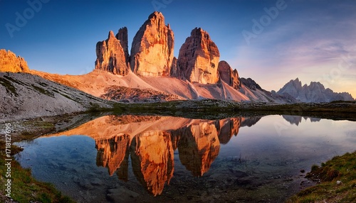Tre Cime Di Lavaredo With Reflection In Lake At Sundown Dolomit
