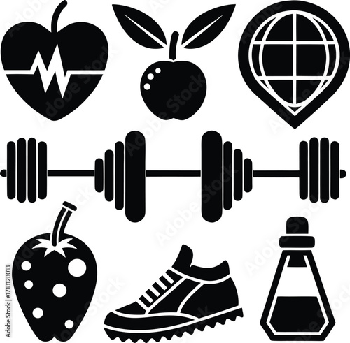 Healthy lifestyle icons set featuring heartbeat apple dumbbell shoe and strawberry for fitness nutrition and wellness