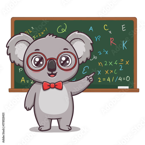 Cute koala wearing glasses and a bow tie pointing at a blackboard.