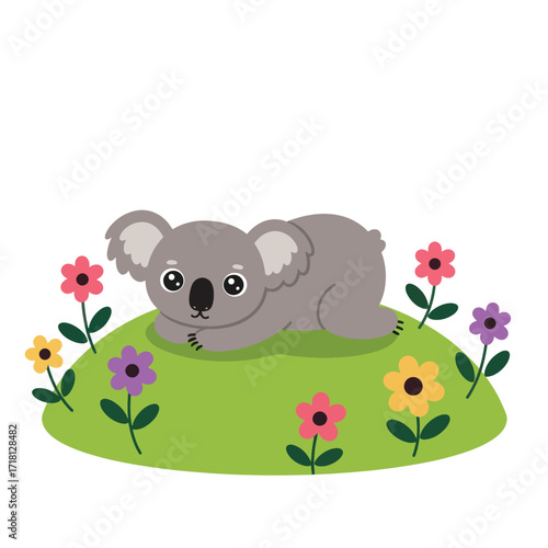 Cute cartoon koala lying down on green grass surrounded by colorful flowers.