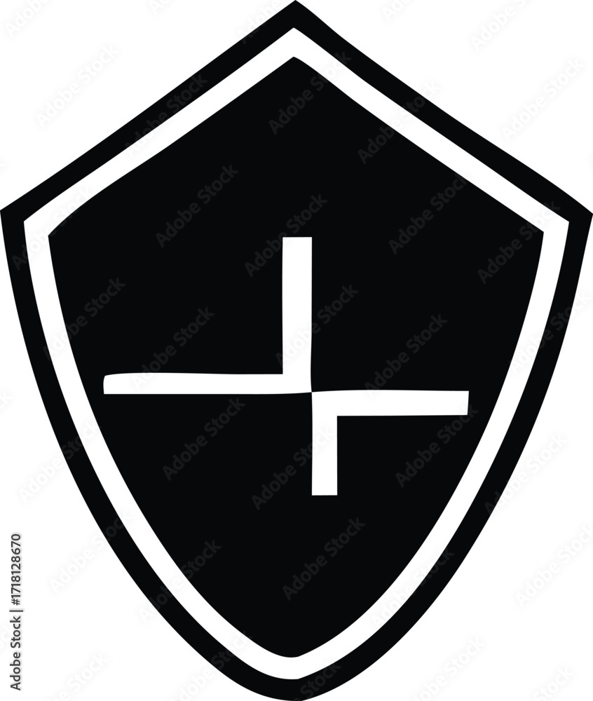 Obraz premium Modern shield emblem with geometric plus symbol for security and protection concepts