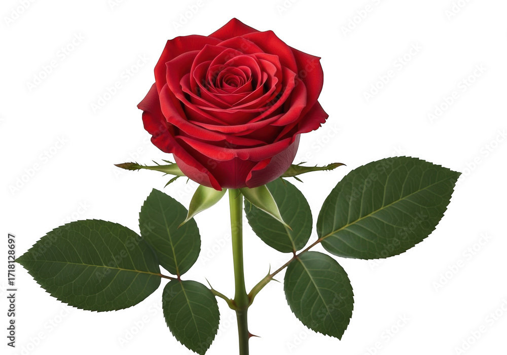 Fototapeta premium Single red rose bloom with green leaves on black isolated on transparent background