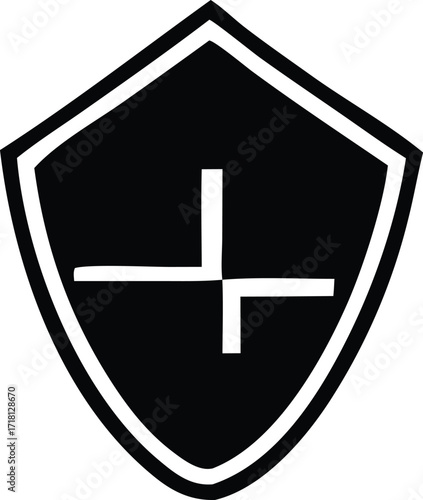 Modern shield emblem with geometric plus symbol for security and protection concepts