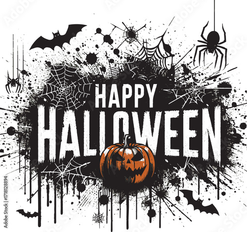 A bold Halloween artwork featuring a carved pumpkin, tangled webs, swirls, and bats set against a gritty black and orange splash. Energetic, decorative design suitable for holiday
