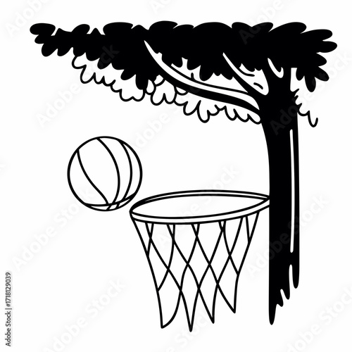Basketball hoop with ball under tree in minimalist style  