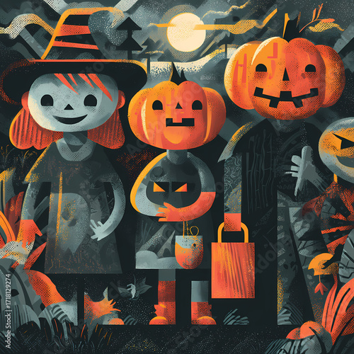 Halloween Trick-or-Treaters: Family of Pumpkins and Witch