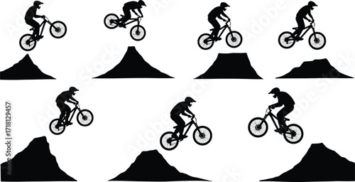 Cartoon Cyclist Silhouette Icons Showing Bike Stunts, Jumping Ramps, Motion Sequence, Gravity Physics, Terrain Curves, and Sports Dynamics
