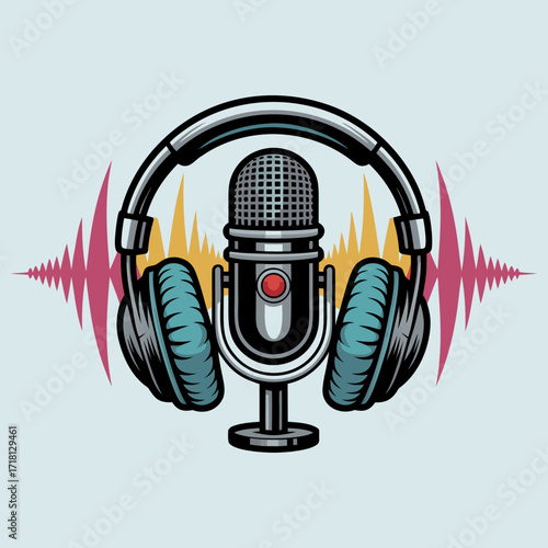 Retro Podcast Microphone and Headphones: Vintage Style Audio Design, Sound Waves