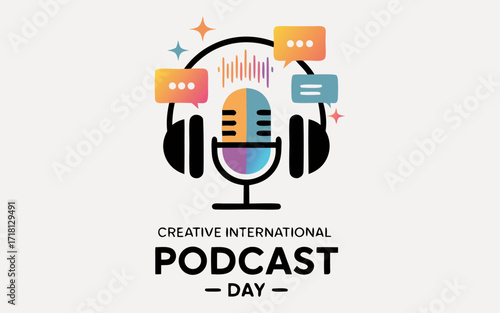 Vibrant Podcast Logo: Headphones, Microphone, Speech Bubbles, Modern Design, International Podcast Day
