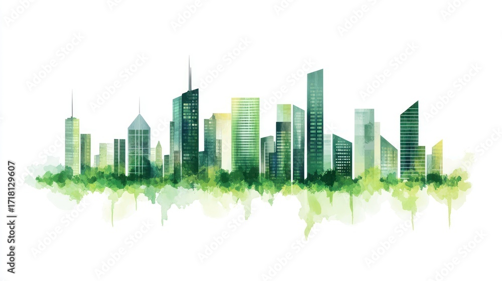 Fototapeta premium Green city skyline watercolor