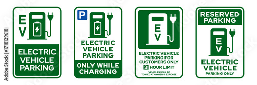 Electric vehicle EV charging station sign set.  Car EV parking sign. Electric car charging point icons. Electric car with plug icon symbol. Only while charging. Vector Illustration.