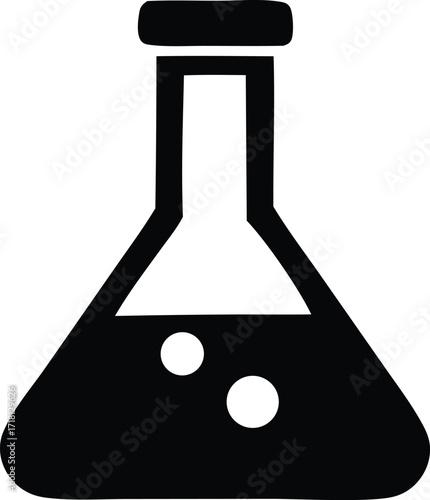 Simple black icon of a chemistry flask with bubbles symbolizing science and experiments for educational and research purposes