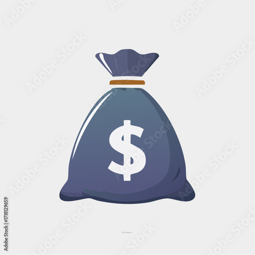 A simple cartoon illustration of a dark blue money bag with a white dollar sign, tied at the top.