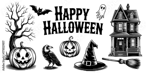 Halloween vintage engraving style clip art, vector illustration, including pumpkins, witch hat, broom, raven, ghost, bat, spooky tree, and haunted house with "Happy Halloween" text
