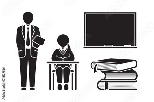 Teacher student books and blackboard in classroom