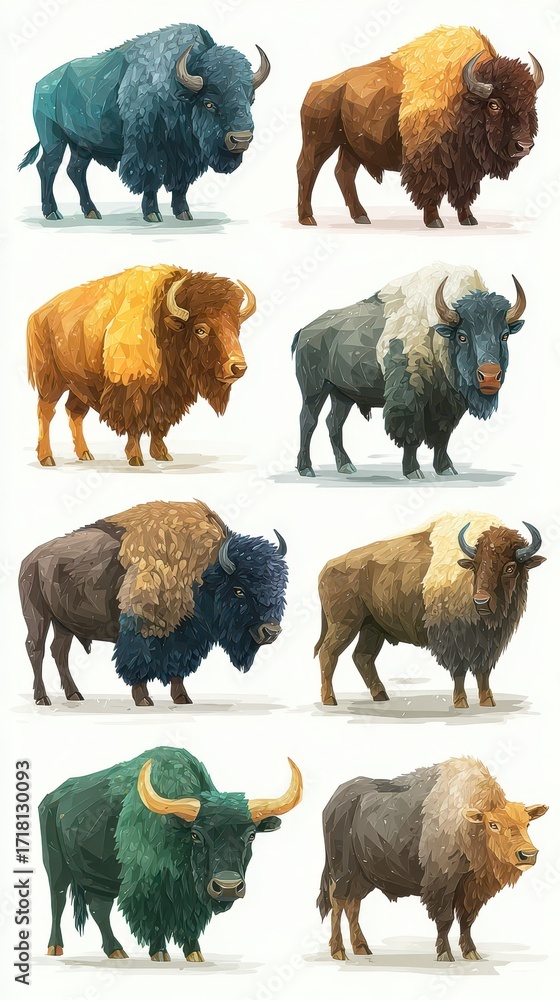 Fototapeta premium Various stylized bison illustrations showcasing different colors and textures in a creative arrangement