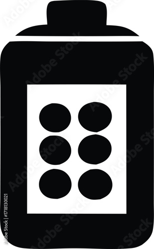 Simple black and white icon of a battery with braille dots representing energy and accessibility