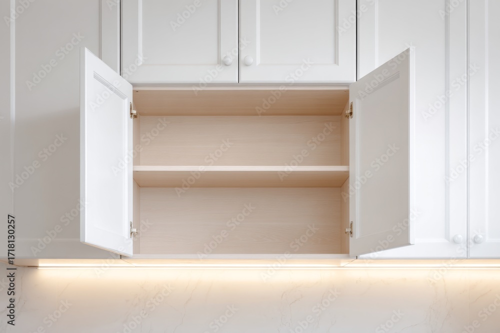 Fototapeta premium White, clean and empty kitchen wall cabinet with open doors